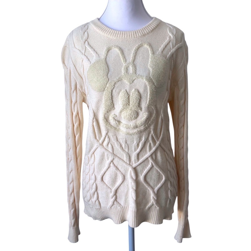 Disney Parks Minnie Mouse Sweater Women Cream Cable Knit Embossed Pullover Sz Sm